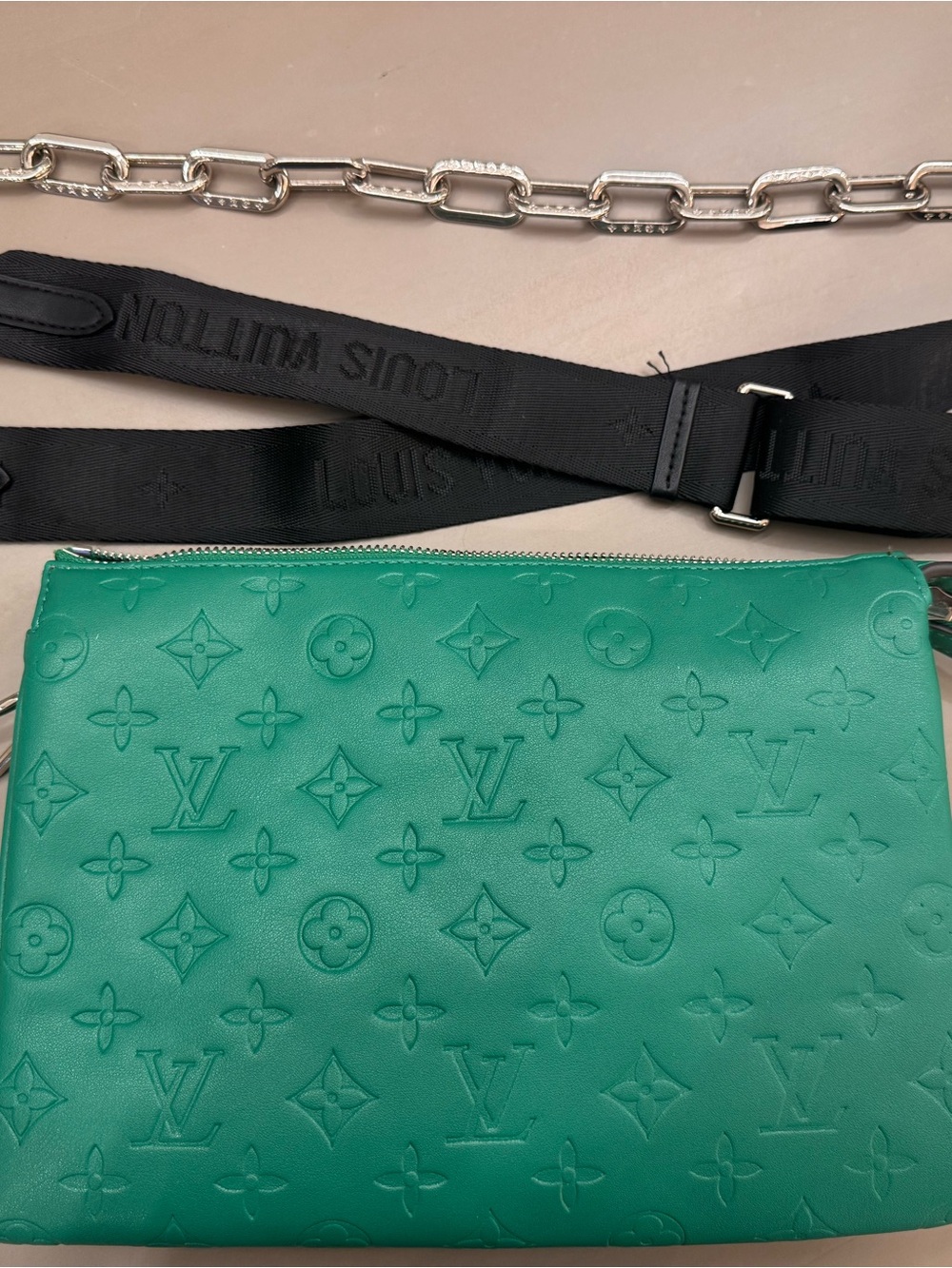 Like a Louis Coussin Monogram Embossed Leather Crossbody Pouch & Black Strap